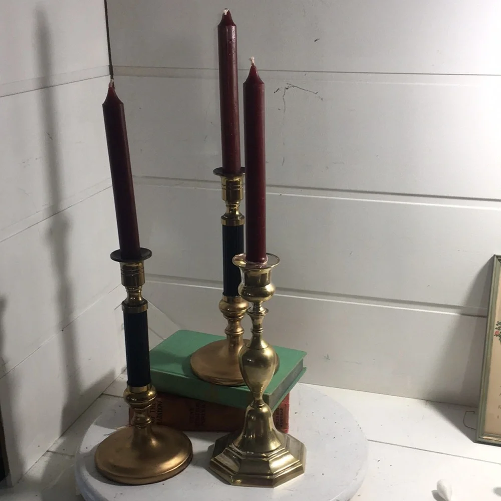 Vintage brass/black tall candle sticks. 3